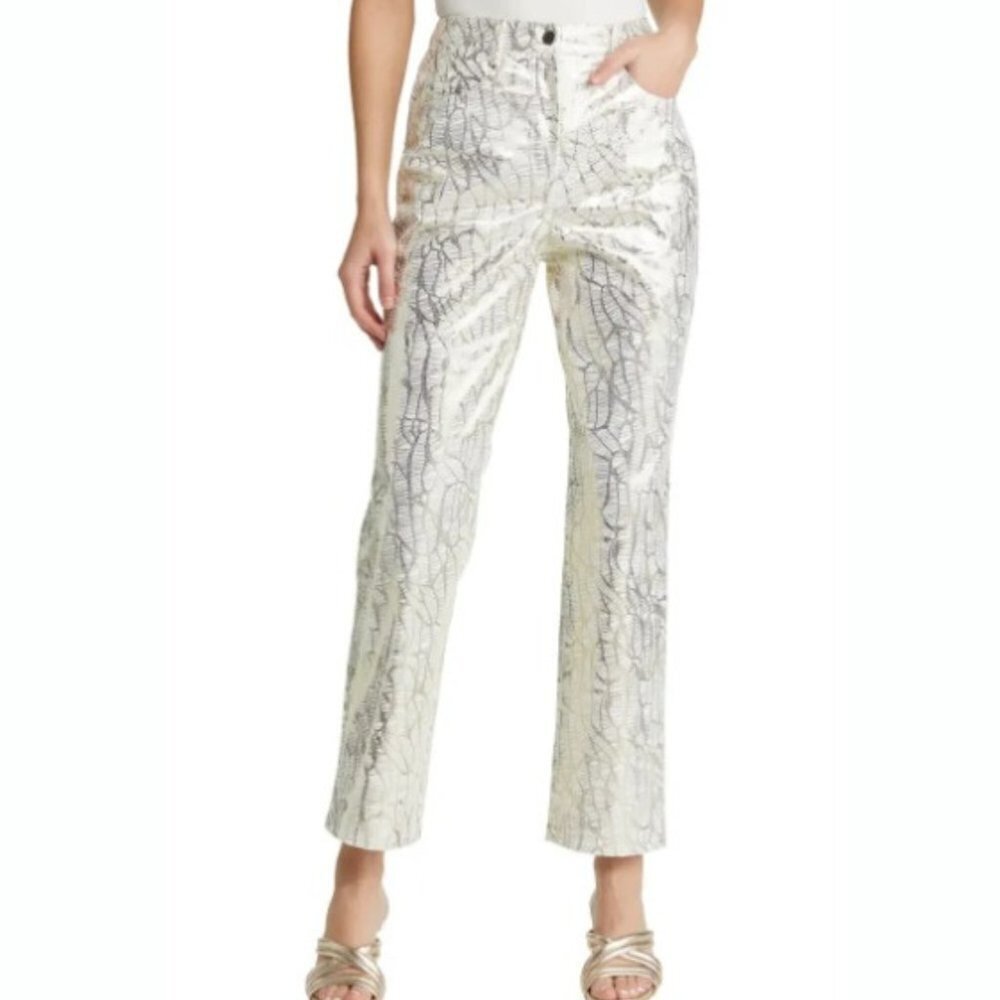 Amylynn Women's Lupe Printed Metallic Pant Silver Gold Party Holidays - L